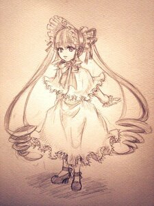 Rating: Safe Score: 0 Tags: 1girl bow capelet dress drill_hair frills full_body image long_hair long_sleeves looking_at_viewer monochrome shinku solo standing traditional_media twintails very_long_hair User: admin