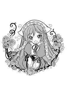 Rating: Safe Score: 0 Tags: 1girl :d bonnet flower greyscale image long_hair looking_at_viewer monochrome open_mouth rose smile solo suiseiseki twintails User: admin