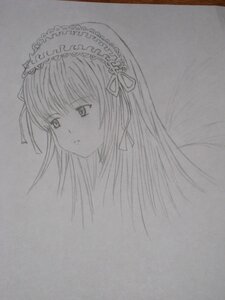 Rating: Safe Score: 0 Tags: 1girl hair_ribbon hairband image long_hair monochrome ribbon simple_background solo suigintou traditional_media User: admin