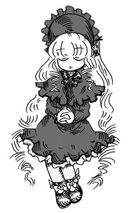 Rating: Safe Score: 0 Tags: 1girl bonnet closed_eyes closed_mouth dress frills full_body greyscale hands_together hat image long_hair long_sleeves monochrome own_hands_together shinku solo white_background User: admin