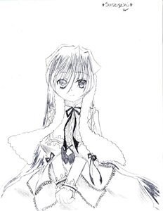 Rating: Safe Score: 0 Tags: 1girl closed_mouth dress fur_trim greyscale image long_hair long_sleeves looking_at_viewer monochrome ribbon simple_background smile solo suiseiseki white_background User: admin