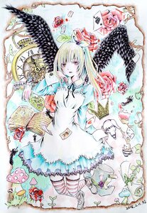 Rating: Safe Score: 0 Tags: 1girl bird blonde_hair book bug butterfly card colored_pencil_(medium) dress feathers flower hair_ribbon image insect red_eyes ribbon rose solo striped striped_legwear suigintou thighhighs traditional_media watercolor_(medium) wings User: admin