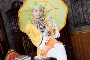 Rating: Safe Score: 0 Tags: 1girl blonde_hair dress frills kanaria lips realistic ribbon sitting solo umbrella vertical_stripes white_legwear yellow_dress User: admin