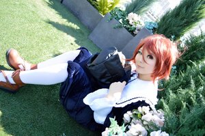 Rating: Safe Score: 0 Tags: 1girl brown_footwear dappled_sunlight day long_sleeves outdoors plant shade shoes short_hair sitting smile solo souseiseki sunlight tree white_legwear User: admin