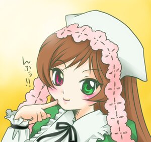 Rating: Safe Score: 0 Tags: 1girl bangs blush brown_hair dress finger_to_mouth frills green_eyes image index_finger_raised long_hair long_sleeves looking_at_viewer ribbon simple_background smile solo suiseiseki upper_body yellow_background User: admin