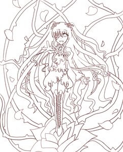 Rating: Safe Score: 0 Tags: 1girl bare_shoulders boots cross-laced_footwear dress flower greyscale hair_ornament image kirakishou lineart long_hair looking_at_viewer monochrome petals smile solo thighhighs very_long_hair User: admin