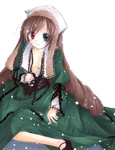 Rating: Safe Score: 0 Tags: 1girl black_footwear breasts brown_hair cleavage dress frills green_dress heterochromia image long_hair long_sleeves looking_at_viewer red_eyes simple_background solo suiseiseki very_long_hair white_background User: admin