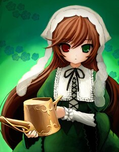 Rating: Safe Score: 0 Tags: 1girl brown_hair dress flower frills green_dress green_eyes heterochromia holding image long_hair long_sleeves looking_at_viewer red_eyes rose solo suiseiseki very_long_hair watering_can User: admin