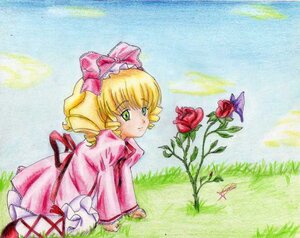 Rating: Safe Score: 0 Tags: 1girl blonde_hair bow dress drill_hair flower frills grass green_eyes hair_bow hina_ichigo hinaichigo image long_sleeves looking_at_viewer pink_bow pink_dress rose sitting smile solo traditional_media User: admin