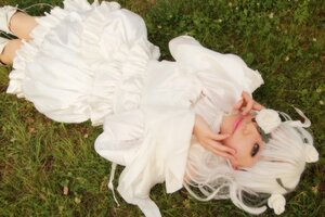 Rating: Safe Score: 0 Tags: 1girl boots brown_eyes dress flower grass kirakishou lips long_hair long_sleeves looking_at_viewer lying on_grass on_side solo white_dress white_hair User: admin