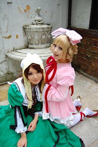 Rating: Safe Score: 0 Tags: 2girls blonde_hair blue_eyes brown_hair dress green_dress head_scarf long_sleeves looking_at_viewer multiple_cosplay multiple_girls photo pink_dress ribbon smile tagme User: admin