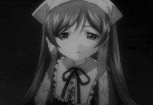 Rating: Safe Score: 0 Tags: 1girl closed_mouth dress greyscale hat image long_hair long_sleeves looking_at_viewer monochrome neck_ribbon ribbon simple_background solo suiseiseki upper_body User: admin