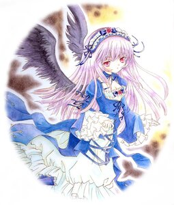 Rating: Safe Score: 0 Tags: 1girl black_wings blue_dress detached_collar dress feathers flower frilled_sleeves frills hairband image lolita_hairband long_hair long_sleeves looking_at_viewer red_eyes ribbon rose solo suigintou traditional_media wings User: admin