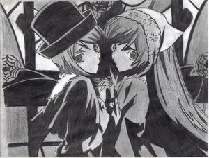 Rating: Safe Score: 0 Tags: 2girls dress greyscale hat holding_hands image interlocked_fingers long_hair looking_at_viewer monochrome multiple_girls pair short_hair siblings sisters souseiseki suigintou suiseiseki traditional_media wings User: admin