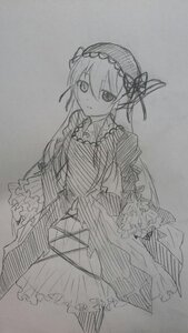 Rating: Safe Score: 0 Tags: 1girl closed_mouth dress frills greyscale hairband image long_hair long_sleeves looking_at_viewer monochrome sketch solo standing suigintou traditional_media wide_sleeves User: admin