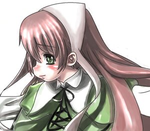 Rating: Safe Score: 0 Tags: 1girl bangs blush brown_hair dress green_dress green_eyes hat head_scarf image long_hair long_sleeves ribbon simple_background solo suiseiseki upper_body white_background User: admin