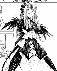 Rating: Safe Score: 0 Tags: 1girl choker dress flower frills greyscale grin image long_hair long_sleeves looking_at_viewer monochrome smile solo suigintou User: admin