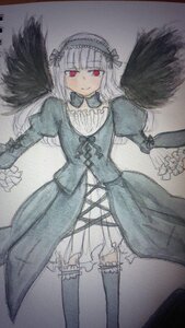 Rating: Safe Score: 0 Tags: 1girl bangs black_wings blush dress feathered_wings feathers frills hairband image long_hair long_sleeves looking_at_viewer red_eyes smile solo suigintou thighhighs traditional_media watercolor_(medium) wings User: admin