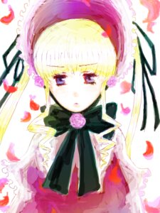 Rating: Safe Score: 0 Tags: 1girl bangs blonde_hair blue_eyes bonnet bowtie dress flower image long_hair looking_at_viewer petals ribbon rose shinku simple_background solo upper_body white_background User: admin