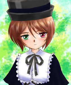 Rating: Safe Score: 0 Tags: 1girl blush brown_hair dress green_background green_eyes hat image long_sleeves looking_at_viewer red_eyes ribbon short_hair solo souseiseki upper_body User: admin