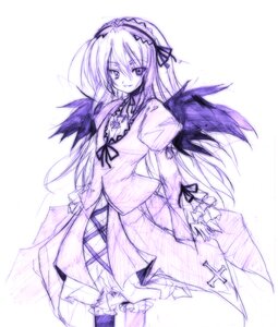 Rating: Safe Score: 0 Tags: 1girl bangs cowboy_shot dress frills hairband image long_hair long_sleeves looking_at_viewer monochrome purple_theme rozen_maiden sen_(astronomy) simple_background solo standing suigintou traditional_media white_background wings User: admin