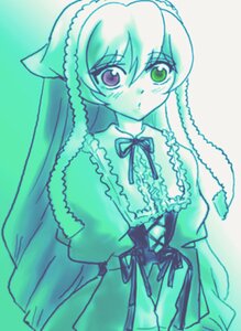 Rating: Safe Score: 0 Tags: 1girl dress expressionless frills green_eyes green_theme image long_hair long_sleeves looking_at_viewer ribbon simple_background solo suiseiseki User: admin