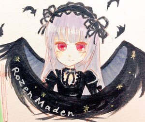 Rating: Safe Score: 0 Tags: 1girl bangs bird black_feathers black_wings closed_mouth dress eyebrows_visible_through_hair feathered_wings feathers flower hairband image long_hair looking_at_viewer red_eyes solo suigintou traditional_media upper_body wings User: admin