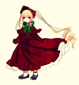 Rating: Safe Score: 0 Tags: 1girl blonde_hair blue_eyes blush bow bowtie dress flower full_body green_bow image long_hair long_sleeves looking_at_viewer red_dress rose shinku shoes simple_background solo standing twintails User: admin