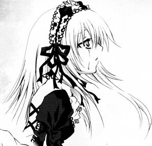 Rating: Safe Score: 0 Tags: 1girl dress frills greyscale image lolita_hairband long_hair looking_at_viewer monochrome profile ribbon simple_background solo suigintou upper_body white_background User: admin