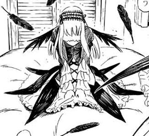 Rating: Safe Score: 0 Tags: 1girl black_wings dress feathered_wings feathers frills greyscale hair_over_eyes image indoors long_hair long_sleeves monochrome sitting solo suigintou wings User: admin