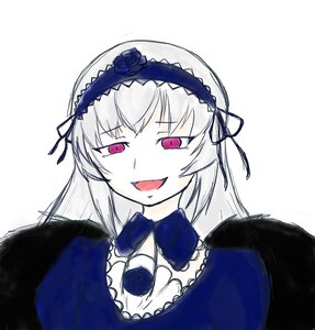 Rating: Safe Score: 0 Tags: 1girl :d black_wings blue_flower blue_rose dress flower hairband image long_hair long_sleeves looking_at_viewer open_mouth pink_eyes puffy_sleeves rose silver_hair simple_background smile solo suigintou upper_body white_background wings User: admin