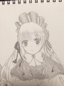 Rating: Safe Score: 0 Tags: 1girl bow bowtie capelet dress frills hat image long_hair long_sleeves looking_at_viewer monochrome photo shinku simple_background solo traditional_media upper_body User: admin