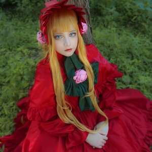 Rating: Safe Score: 0 Tags: 1girl bangs blonde_hair blue_eyes bonnet bow capelet dress flower grass lips long_hair long_sleeves looking_at_viewer red_dress rose shinku sidelocks sitting solo User: admin