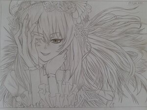 Rating: Safe Score: 0 Tags: 1girl dress graphite_(medium) greyscale hands_on_own_cheeks hands_on_own_face image long_hair looking_at_viewer monochrome smile solo suigintou traditional_media User: admin