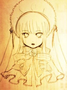 Rating: Safe Score: 0 Tags: 1girl bonnet bow bowtie dress drill_hair flower frills image long_hair long_sleeves looking_at_viewer monochrome open_mouth rose shinku solo traditional_media upper_body User: admin