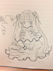 Rating: Safe Score: 0 Tags: 1girl bangs blunt_bangs dress frills hair_ribbon image long_hair long_sleeves looking_at_viewer monochrome ribbon shinku solo traditional_media twintails very_long_hair User: admin