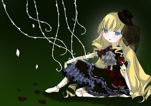 Rating: Safe Score: 0 Tags: 1girl blonde_hair blue_eyes bow doll_joints dress flower hat image joints long_hair mini_hat petals rose shinku sitting solo top_hat User: admin