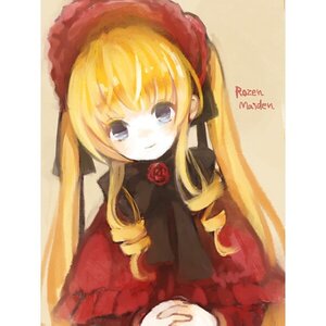 Rating: Safe Score: 0 Tags: 1girl bangs blonde_hair blue_eyes bonnet bow bowtie dated dress drill_hair flower green_bow image long_hair long_sleeves looking_at_viewer red_capelet red_dress rose shinku simple_background smile solo twin_drills twintails User: admin