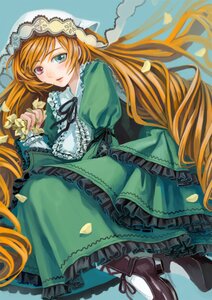 Rating: Safe Score: 0 Tags: 1girl aqua_eyes blonde_hair blue_background boots brown_hair commentary_request cross-laced_footwear dress drill_hair eyelashes frilled_dress frills green_dress green_eyes hairband head_scarf heterochromia holding image leaf light_smile lolita_fashion long_hair long_sleeves lying otosume_ruiko pantyhose petals puffy_sleeves red_eyes rozen_maiden shoes solo suiseiseki very_long_hair User: admin