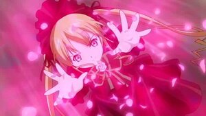 Rating: Safe Score: 0 Tags: 1girl flower image long_hair looking_at_viewer outstretched_arm outstretched_arms outstretched_hand petals ribbon shinku solo twintails User: admin