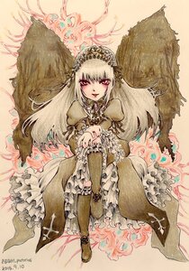 Rating: Safe Score: 0 Tags: 1girl boots dress flower frills image long_hair long_sleeves puffy_sleeves red_eyes sitting solo suigintou traditional_media watercolor_(medium) User: admin