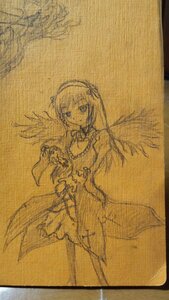 Rating: Safe Score: 0 Tags: 1girl dress feathered_wings image long_sleeves looking_at_viewer monochrome simple_background solo suigintou traditional_media wings User: admin