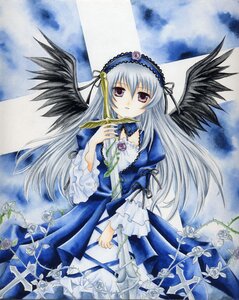 Rating: Safe Score: 0 Tags: 1girl black_wings blue_rose dress flower frills hairband image long_hair long_sleeves looking_at_viewer marker_(medium) ribbon rose silver_hair solo suigintou traditional_media wings User: admin
