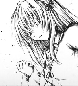 Rating: Safe Score: 0 Tags: 1girl greyscale hairband image long_hair looking_at_viewer monochrome ribbon simple_background smile solo suigintou traditional_media upper_body User: admin