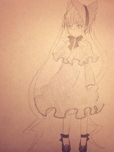 Rating: Safe Score: 0 Tags: 1girl bonnet bow dress frills full_body image lolita_fashion long_hair long_sleeves looking_at_viewer monochrome shinku simple_background solo standing traditional_media very_long_hair User: admin