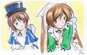 Rating: Safe Score: 0 Tags: black_ribbon brown_hair frills green_dress green_eyes hat heterochromia image long_sleeves looking_at_viewer multiple_girls pair red_eyes short_hair siblings simple_background sisters smile souseiseki suiseiseki top_hat traditional_media twins User: admin