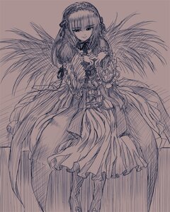 Rating: Safe Score: 0 Tags: 1girl dress flower frills hairband image long_hair long_sleeves looking_at_viewer monochrome rose smile solo standing suigintou traditional_media very_long_hair wings User: admin