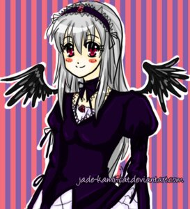 Rating: Safe Score: 0 Tags: 1girl black_wings blush_stickers detached_collar dress feathered_wings frills hairband image juliet_sleeves long_hair long_sleeves looking_at_viewer outline puffy_sleeves silver_hair smile solo striped striped_background suigintou wings User: admin