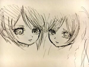 Rating: Safe Score: 0 Tags: 2girls close-up closed_mouth eyebrows_visible_through_hair eyelashes eyes face greyscale image looking_at_viewer monochrome multiple_girls multiple_views pair short_hair simple_background sketch smile souseiseki suiseiseki User: admin