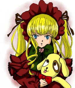 Rating: Safe Score: 0 Tags: 1girl blonde_hair blue_eyes blush bonnet bow bowtie dress green_bow image long_hair long_sleeves looking_at_viewer red_dress rose shinku sidelocks simple_background solo stuffed_animal upper_body white_background User: admin